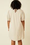 HK1894W Beige Plus Seersucker Texured V Neck Puff Sleeve Dress Back