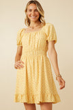 HK1915 Yellow Womens Ditsy Print Button Detail Square Neck Puff Sleeve Dress Front