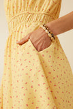 HK1915 Yellow Womens Ditsy Print Button Detail Square Neck Puff Sleeve Dress Full Body