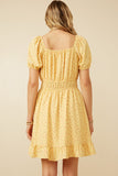 HK1915 Yellow Womens Ditsy Print Button Detail Square Neck Puff Sleeve Dress Detail