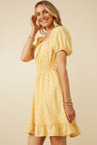 HK1915 Yellow Womens Ditsy Print Button Detail Square Neck Puff Sleeve Dress Back