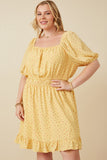 HK1915W Yellow Plus Ditsy Print Button Detail Square Neck Puff Sleeve Dress Front