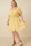 HK1915 Yellow Womens Ditsy Print Button Detail Square Neck Puff Sleeve Dress Side