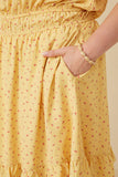 HK1915W Yellow Plus Ditsy Print Button Detail Square Neck Puff Sleeve Dress Gif