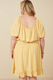 HK1915W Yellow Plus Ditsy Print Button Detail Square Neck Puff Sleeve Dress Full Body