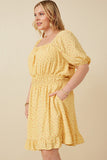 HK1915W Yellow Plus Ditsy Print Button Detail Square Neck Puff Sleeve Dress Detail