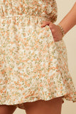 HK1933W Orange Plus Ditsy Floral Button Detail Ruffle Tank Romper Gif