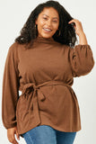 HN4087 BROWN Womens Mock Neck Belted Long Sleeve Knit Tunic Top Full Body