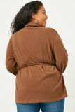 HN4087W BROWN Plus Mock Neck Belted Long Sleeve Knit Tunic Top Front