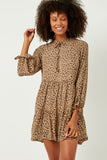 HN4129W LEOPARD Plus Leopard Print Tie Neck Ruffled Sleeve Dress Front