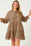 HN4129 LEOPARD Womens Leopard Print Tie Neck Ruffled Sleeve Dress Full Body