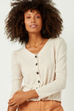 HN4132 OATMEAL Womens Puff Shoulder Marled Knit Buttoned Cardigan Front