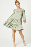 HN4157W OLIVE Plus Ruffled Shoulder Long Sleeve Dress Front