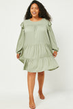 HN4157 OLIVE Womens Ruffled Shoulder Long Sleeve Dress Front