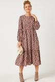 HN4171W BROWN Plus Floral Print Ruffled Balloon Sleeve Belted Midi Dress Full Body