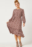 HN4171W BROWN Plus Floral Print Ruffled Balloon Sleeve Belted Midi Dress Side