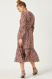 HN4171W BROWN Plus Floral Print Ruffled Balloon Sleeve Belted Midi Dress Back