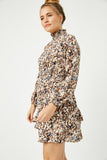 HN4189W BROWN Plus Foliage Print Long Sleeve Asymmetric Dress Front