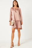 HN4196 MAUVE Womens Satin Look Smocked Cuff Tie Neck Dress Side