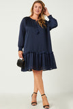 HN4196 NAVY Womens Satin Look Smocked Cuff Tie Neck Dress Back