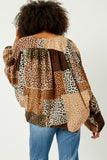 HN4203 BROWN Womens Patchwork Leopard Print Gathered Sleeve Open Cardigan Back