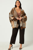 HN4203 BROWN Womens Patchwork Leopard Print Gathered Sleeve Open Cardigan Front