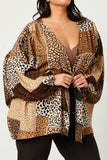 HN4203 BROWN Womens Patchwork Leopard Print Gathered Sleeve Open Cardigan Detail