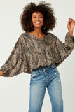 HN4205 BLACK Womens Paisley Print Surplice Puff Sleeve Top Back