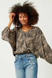 HN4205W BLACK Plus Paisley Print Surplice Puff Sleeve Top Gif