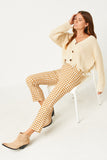 HN4257W Mustard Plus Button Closure Stretch Checkered Pants Full Body