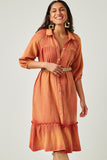 HN4299 Rust Womens Button Up Collared Long Sleeve Vintage Overdye Dress Full Body