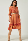 HN4299 Rust Womens Button Up Collared Long Sleeve Vintage Overdye Dress Side