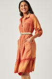 HN4299W Rust Plus Button Up Collared Long Sleeve Vintage Overdye Dress Full Body