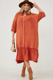 HN4299 Rust Womens Button Up Collared Long Sleeve Vintage Overdye Dress Front