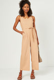 HN4518 Tan Womens Scoop Neck Sleeveless Straight Leg Belted Jumpsuit Back