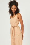 HN4518W Tan Plus Scoop Neck Sleeveless Straight Leg Belted Jumpsuit Full Body