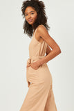 HN4518W Tan Plus Scoop Neck Sleeveless Straight Leg Belted Jumpsuit Gif