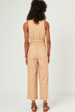 HN4518W Tan Plus Scoop Neck Sleeveless Straight Leg Belted Jumpsuit Side