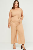 HN4518 Tan Womens Scoop Neck Sleeveless Straight Leg Belted Jumpsuit Full Body