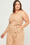 HN4518 Tan Womens Scoop Neck Sleeveless Straight Leg Belted Jumpsuit Front