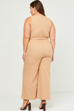 HN4518 Tan Womens Scoop Neck Sleeveless Straight Leg Belted Jumpsuit Side