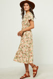 HN4524W Sage Plus Ruffled Tie Neck Cinch Waist Floral Print Dress Full Body