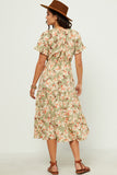 HN4524W Sage Plus Ruffled Tie Neck Cinch Waist Floral Print Dress Gif