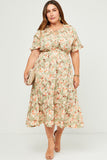 HN4524 Sage Womens Ruffled Tie Neck Cinch Waist Floral Print Dress Full Body