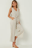 HN4537 Ivory Womens Multi Stripe V Neck Sleeveless Belted Jumpsuit Full Body