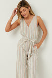 HN4537 Ivory Womens Multi Stripe V Neck Sleeveless Belted Jumpsuit Front