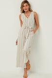 HN4537 Ivory Womens Multi Stripe V Neck Sleeveless Belted Jumpsuit Pose