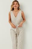 HN4537 Ivory Womens Multi Stripe V Neck Sleeveless Belted Jumpsuit Alternate Angle