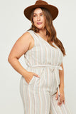 HN4537W Ivory Plus Multi Stripe V Neck Sleeveless Belted Jumpsuit Front