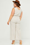 HN4537W Ivory Plus Multi Stripe V Neck Sleeveless Belted Jumpsuit Front